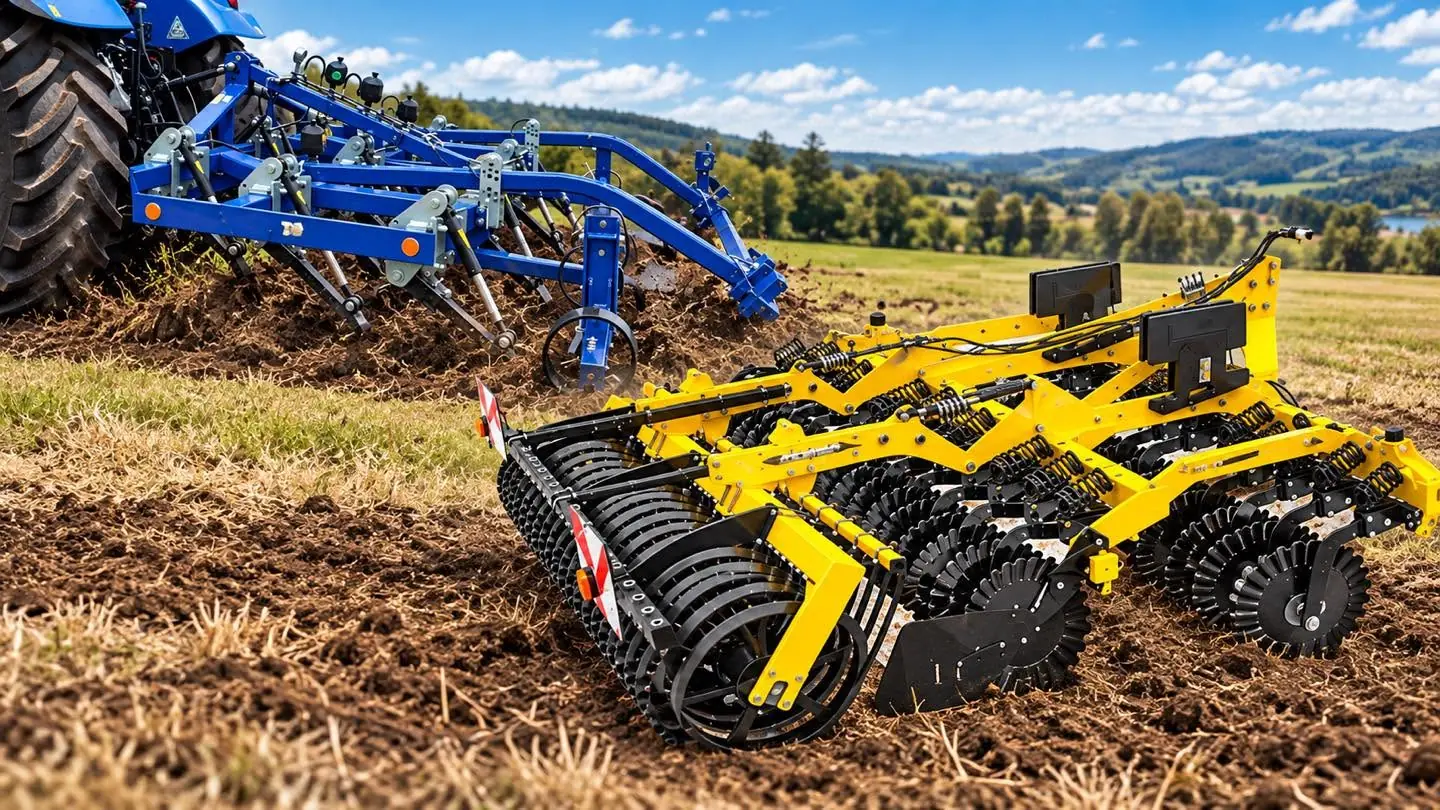 Blå stubbkultivator bak en traktor og gul skålharv med pakkevalse i arbeid på en stubbåker.